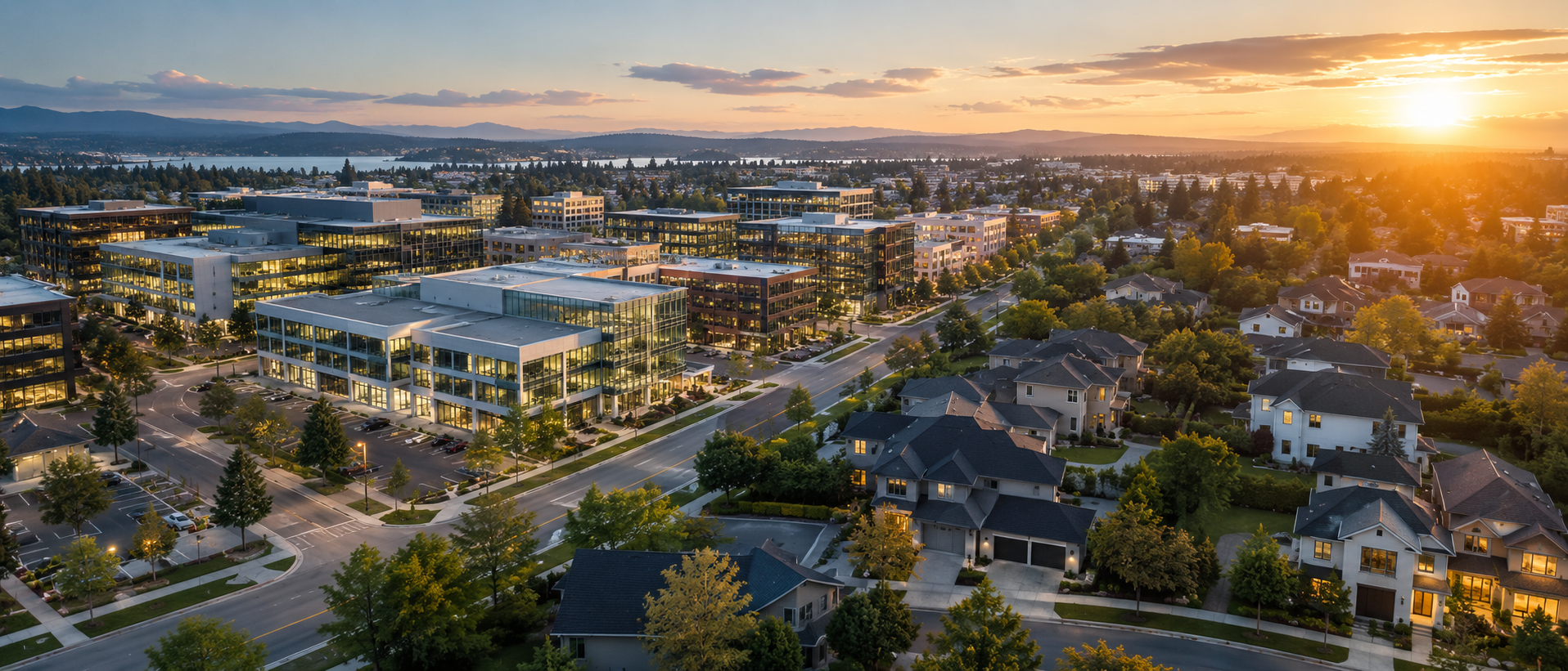 Homes and tree-lined streets in a suburban neighborhood at sunset