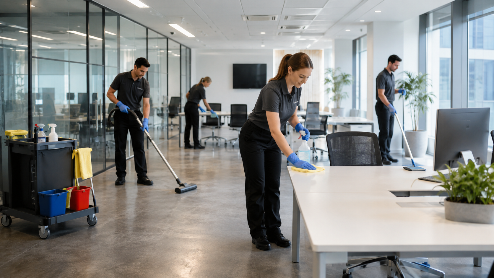 Commercial cleaning crew caring for a bright modern office
